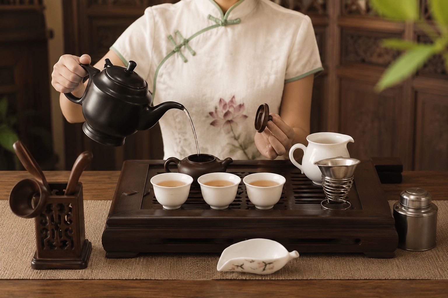 湯を紫砂壺へ注ぎ、三つの茶杯を整えた中国茶藝の説明用イメージ